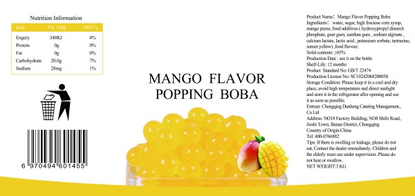 mango popping boba label